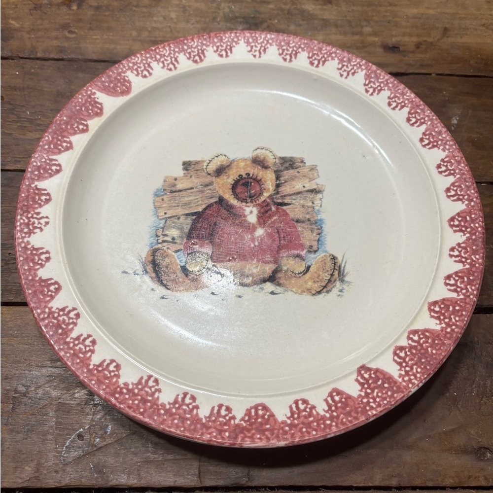 Teddy Bear Decorative Plate with Red Trim